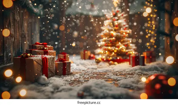 Christmas Decorations with Gifts Under a Lit Up Tree