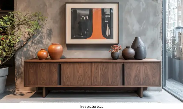 Modern Wooden TV Stand with Decorative Vases
