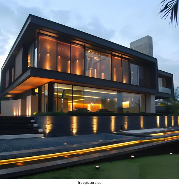 Modern Black and Glass House with a Water Feature in Front