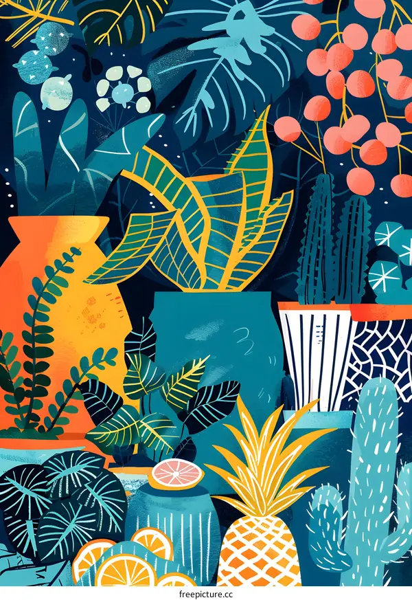 Colorful Illustration Of Tropical Plants In Pots