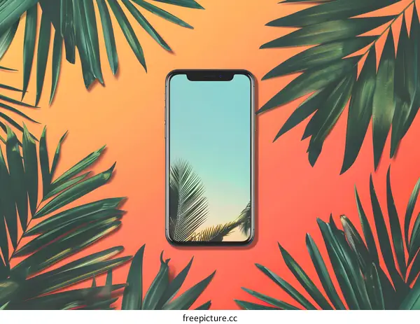 Smartphone Mockup with Palm Leaves on Orange Background