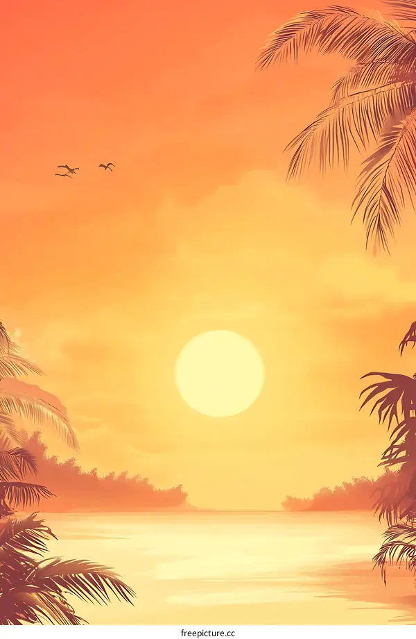 Tropical Sunset with Palm Trees and Birds