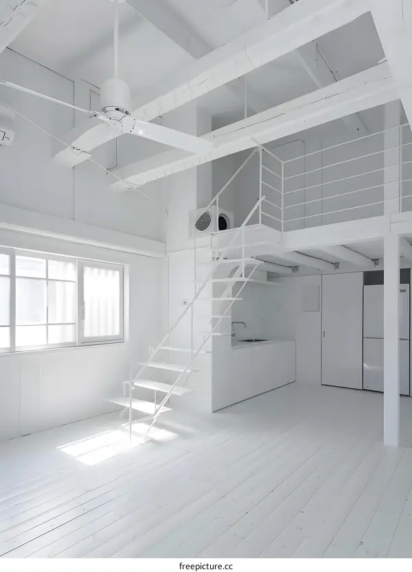 White Loft Interior Design with Wooden Beams and Metal Stairs