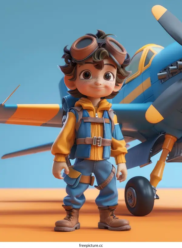 Cute Boy with Dream of Flight:  Standing by a Blue and Yellow Airplane
