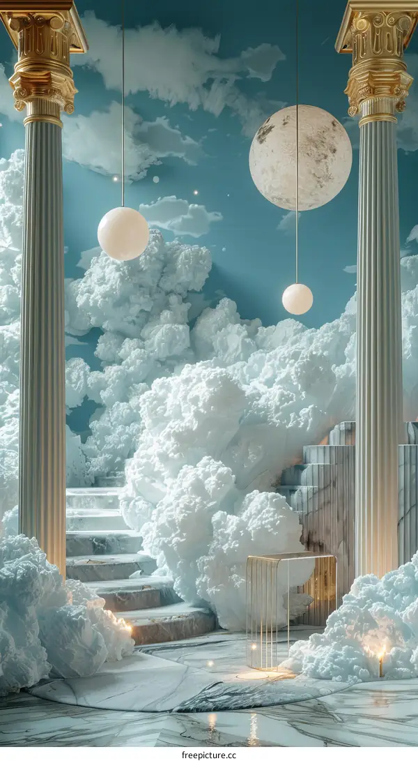 Abstract Surreal 3D Render With Golden Pillars And Marble Floor