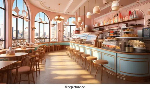 Pink-Walled European Coffee Shop Interior with Large Windows