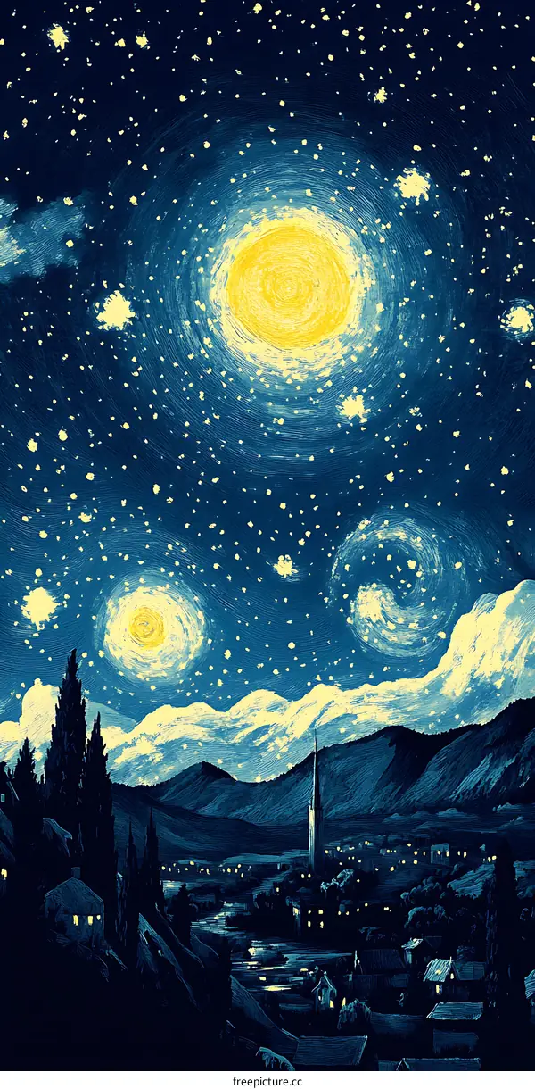 Starry Night with Swirling Sky and a Small Town