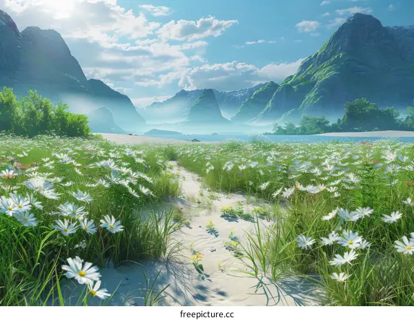 Panoramic Landscape of a Valley Carpeted with Daisies