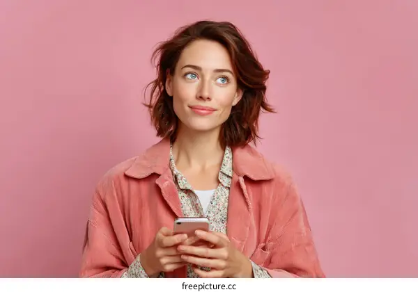Woman Holding Smartphone Against Pink Background