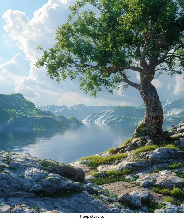 Fantasy Landscape with Majestic Tree and Mountain Range