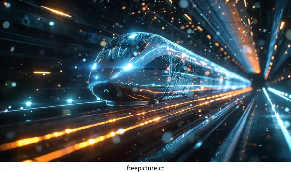 Futuristic high speed train streaks through hyperspace