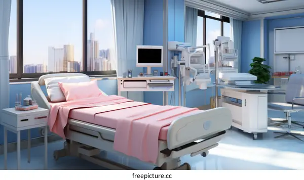 A hospital room with a bed, a monitor, and a medical device