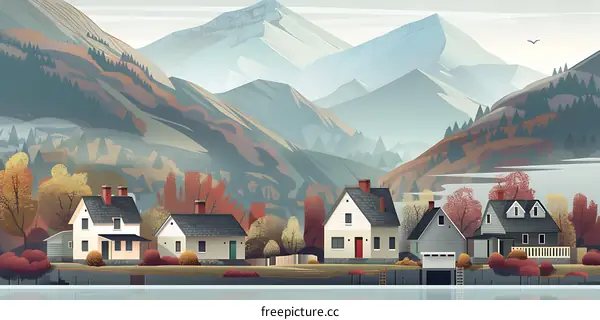 Minimalist Illustration of Houses in a Mountain Valley