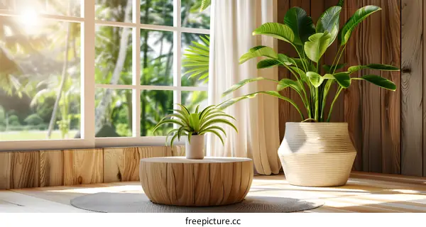 Sunlight Through Window with Plants and Wooden Floor