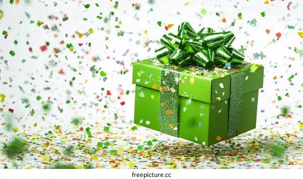 Green Gift Box with Confetti Celebration