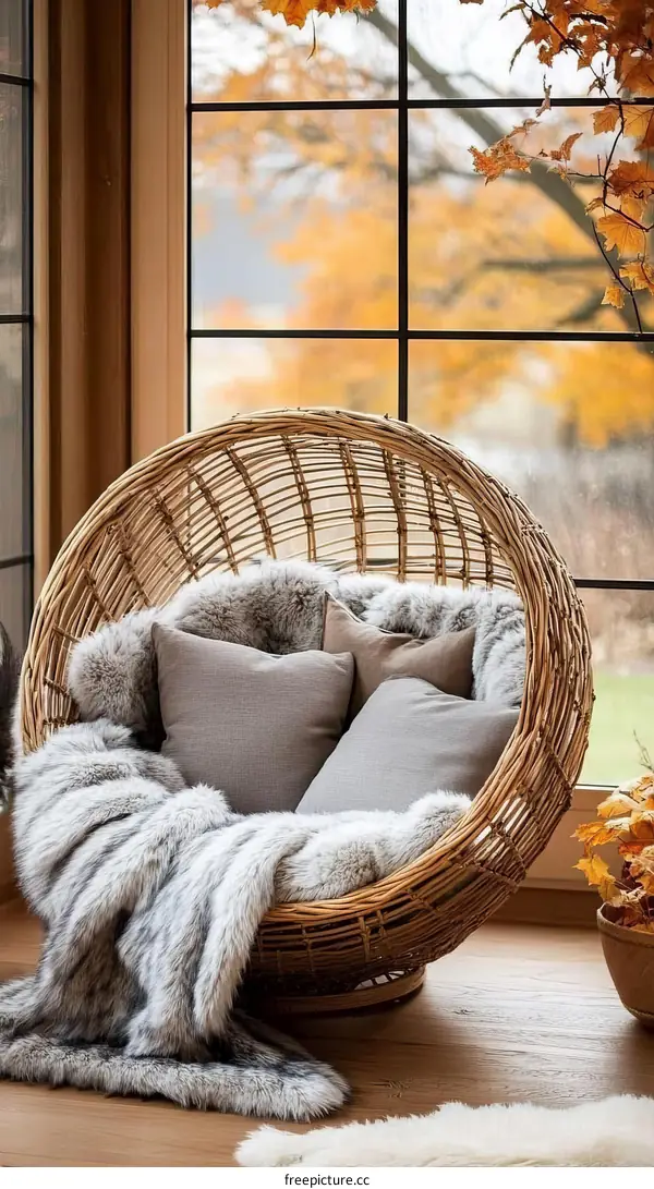 Autumn Cozy Wicker Chair with Faux Fur Throw
