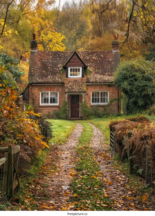 Small brick cottage in the middle of the autumn forest