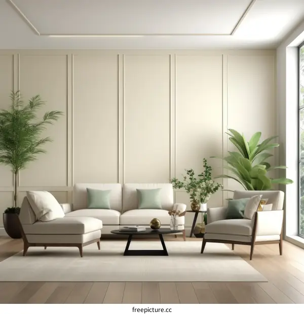 Bright living room interior with white sofa and green plants