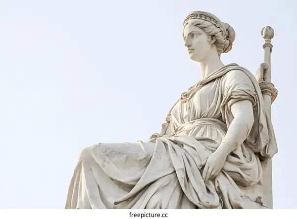 White Marble Statue of a Woman Sitting on a Throne