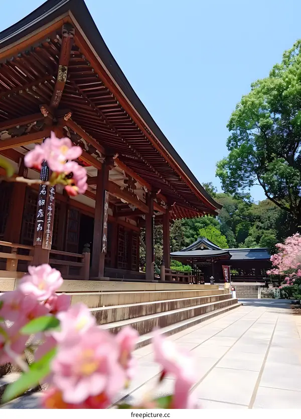 Japanese Temple with Pink Flowers