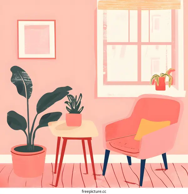 Pink Living Room with a Chair and Plants