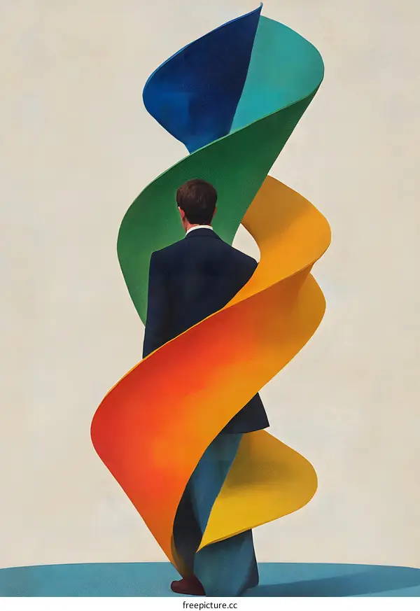 Man Standing in Front of Colorful Abstract Sculpture