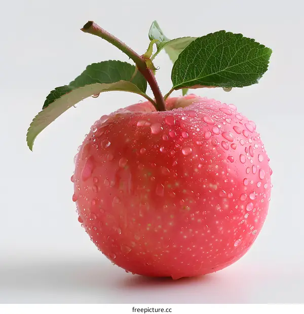 A red apple with water drops on a white background