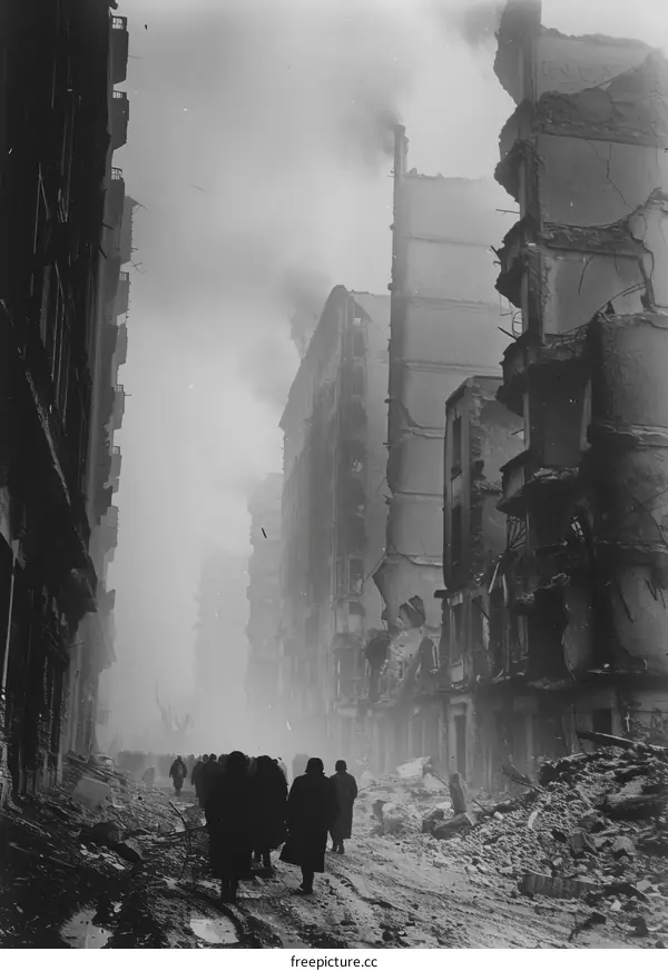 People walking through a destroyed city street