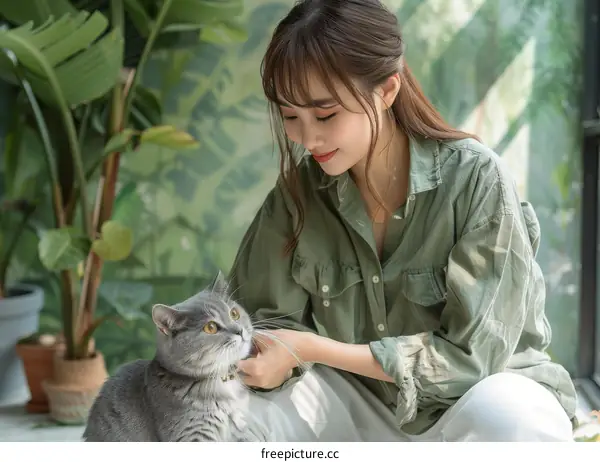 A young woman is sitting on the floor with a gray cat