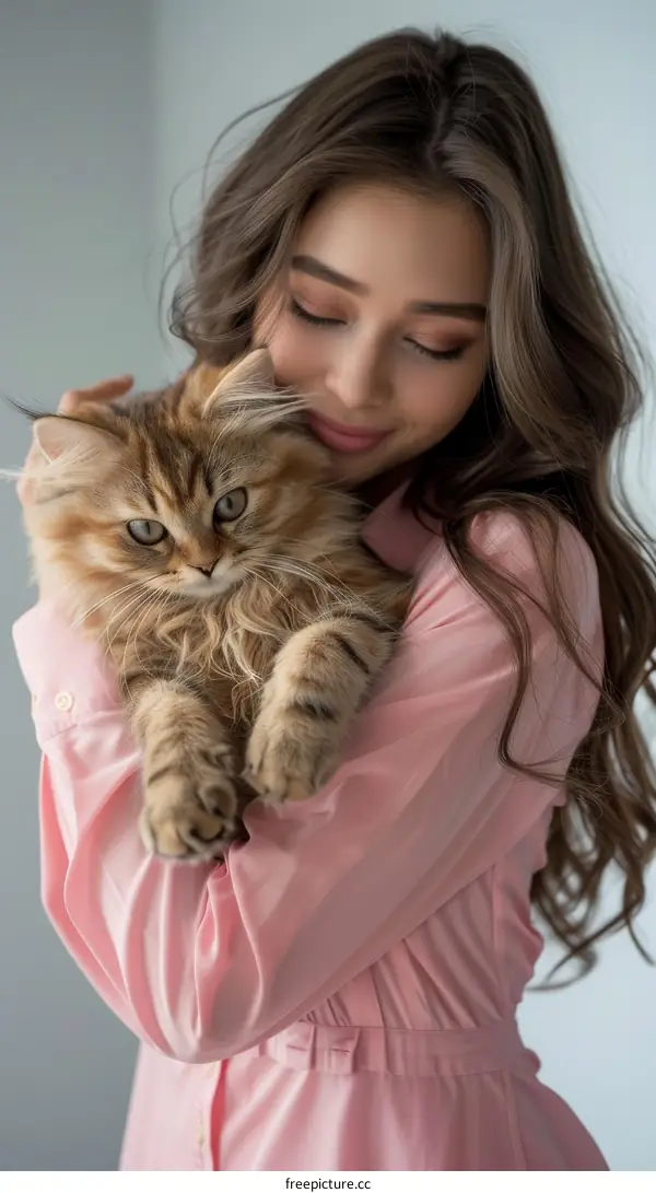 An attractive young woman with long brown hair is hugging a fluffy brown cat
