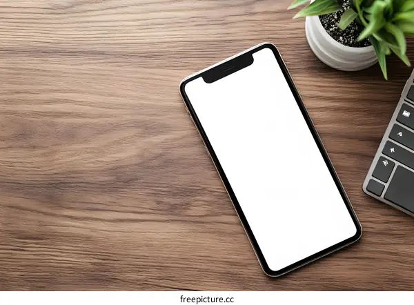Blank Screen Smartphone On Wooden Desk With Keyboard And Plant