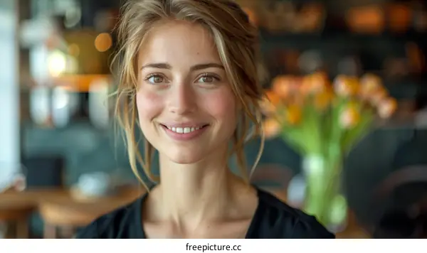 Portrait of a beautiful young woman with blonde hair and green eyes smiling at the camera