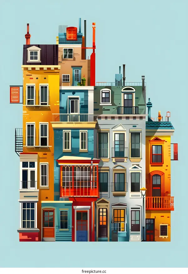 Colorful Row Of Houses Illustration