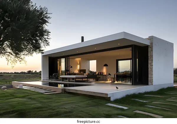Modern White House with Pool and Deck in the Countryside