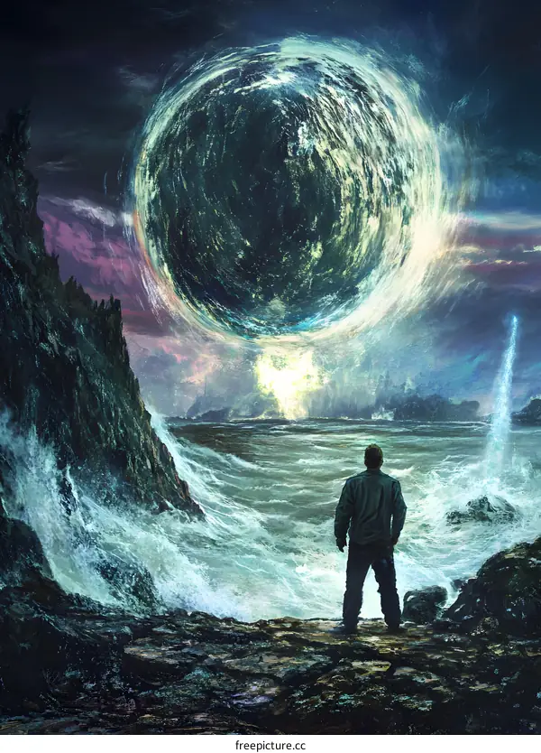 Man Standing on Cliff Looking at Giant Sphere in the Sky