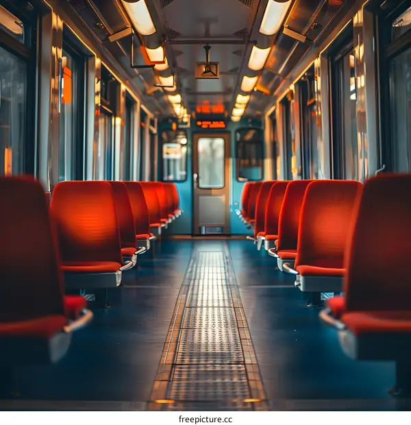 An empty modern tram with red seats