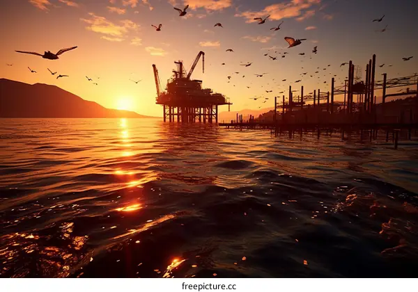 Offshore oil rig at sunset with a flock of birds flying overhead