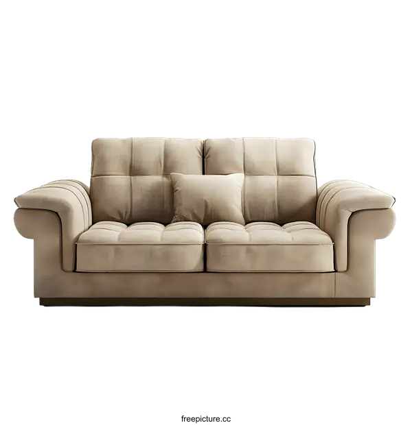[Transparent Background PNG]Beige Sofa with Cushions on White Background