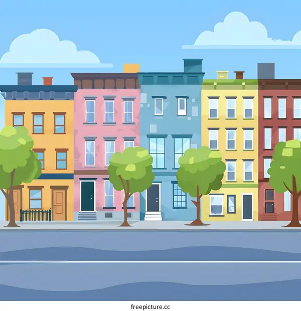 Colorful Cityscape Illustration with Row of Houses and Trees