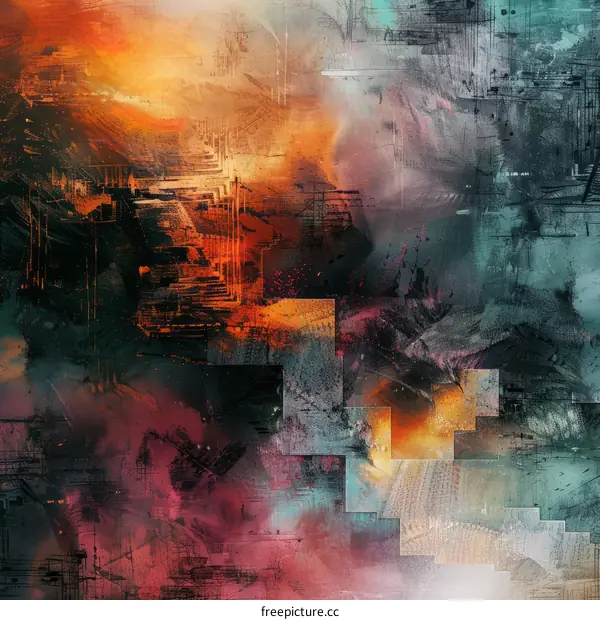 Abstract painting with bright red orange yellow blue green colors