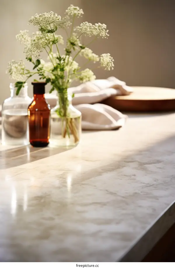 Minimalist Scandinavian beige kitchen countertop with flowers and bottles