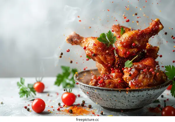 Drumsticks with spices fly out of bowl