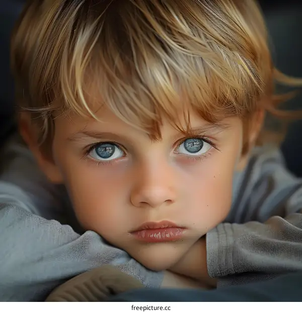 Portrait of a boy with blond hair and blue eyes