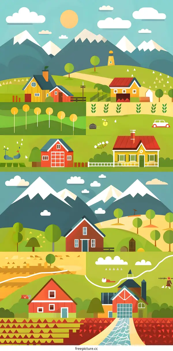 Cartoon Illustration Of A Farm In The Countryside
