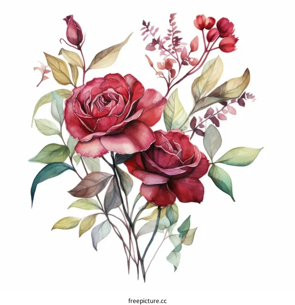 Exquisitely detailed watercolor painting of red roses with buds and leaves