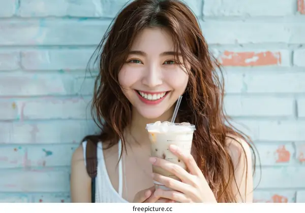 A young woman with long brown hair is drinking an iced coffee and smiling at the camera