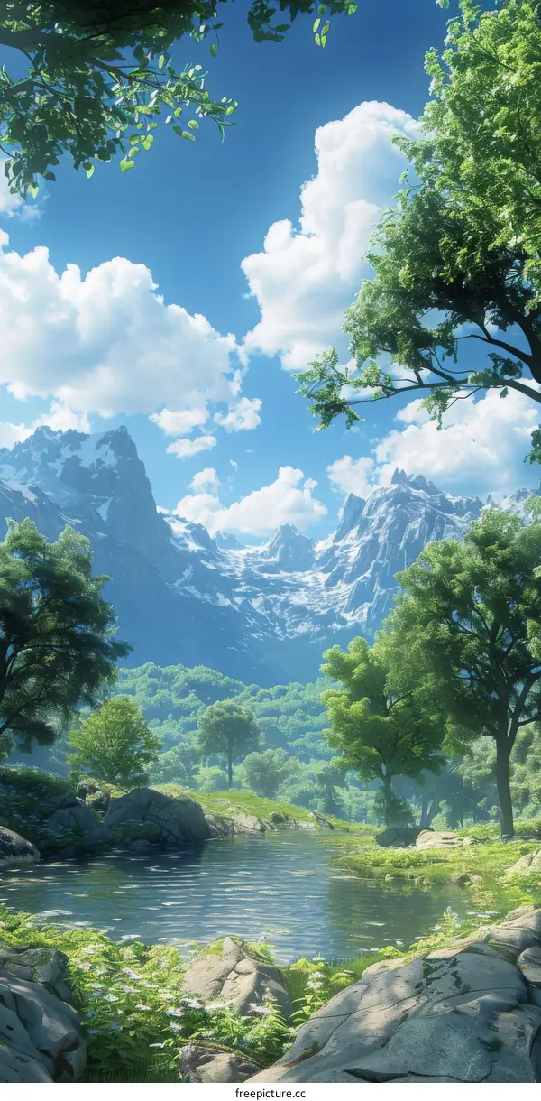 Enchanting Fantasy Landscape with Majestic Mountains and Serene River
