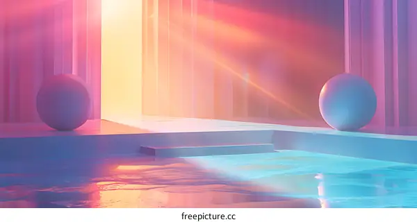 3D rendering of a surreal space with a pool and a large sphere