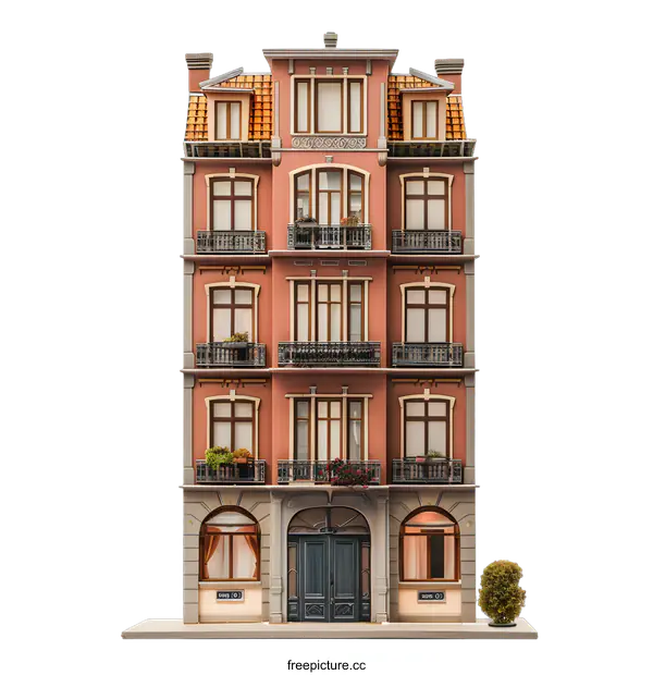 [Transparent Background PNG]European Style Red Brick Building with White Windows