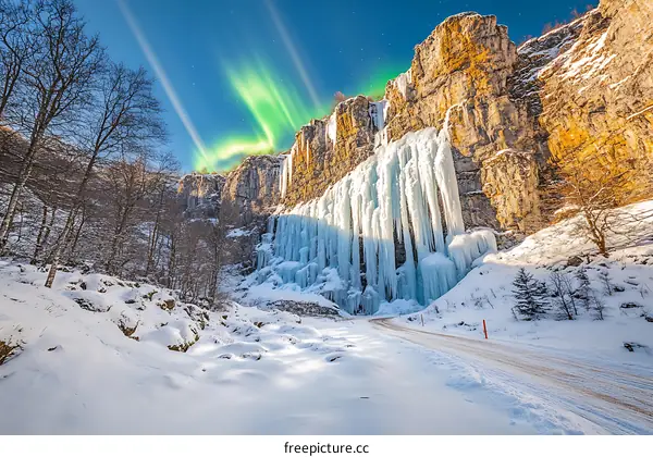 Frozen Waterfall and Northern Lights in Winter